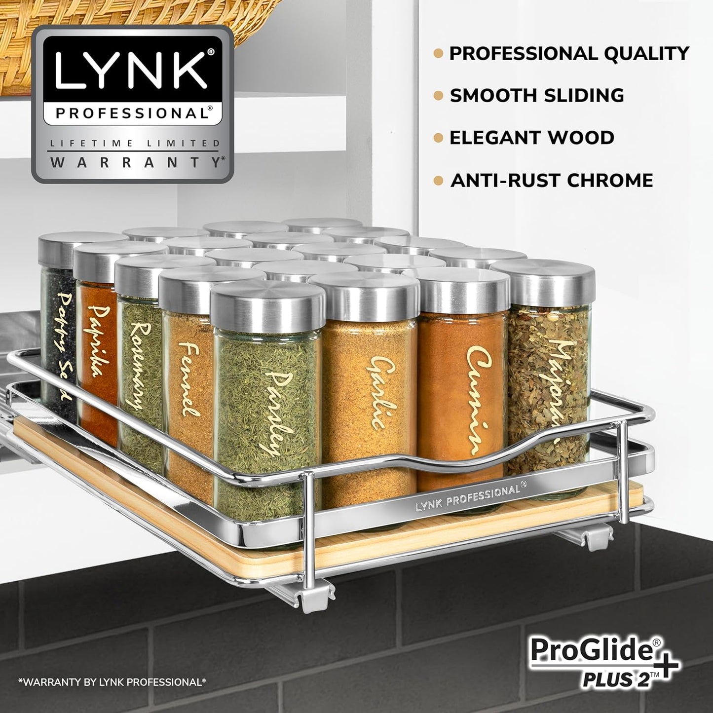 LYNK PROFESSIONAL® Élite™ Pull Out Spice Rack Organizer for Inside Kitchen Cabinets - 8-1/4 inch Wide - Slide Out Drawer – Wood/Chrome Sliding Spice Cabinet Organization Shelf Racks - 1 Tier