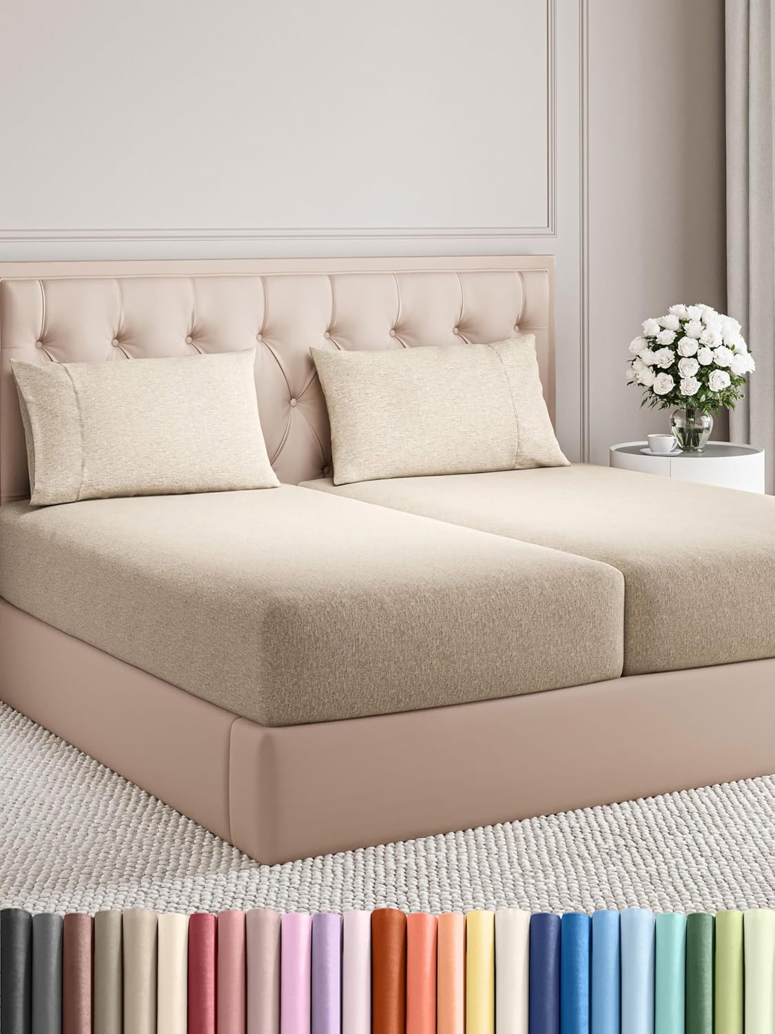 Split King Size 5 Piece Sheet Set - Comfy Breathable & Cooling Bed Sheets Set - Hotel Luxury Bedding for Women, Men, Kids, Teens, Boys & Girls - Deep Pockets & Wrinkle Free - Beige (Heathered Sheets)