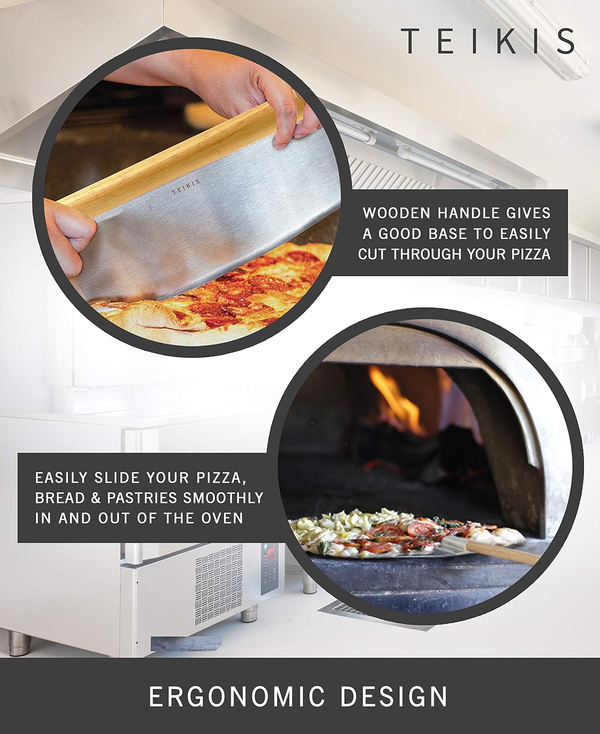 Pizza Cutter Rocker Style & Pizza Peel Set - 14" Large Pizza Metal Slicer Sharp Knife Blade Chopper with 14" x 16" Heavy Duty Pizza Paddle Board Pan with Wood Handle - Premium Oven Baking Accessories