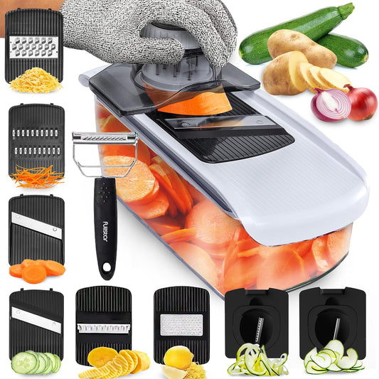 Fullstar Mandoline Slicer for Kitchen, Fruit Cutter, Cheese Grater, Cucumber Slicer, Veggie Spiralizer, Food Cutter & Kitchen Gadgets with Safety Glove (9 in 1, White)