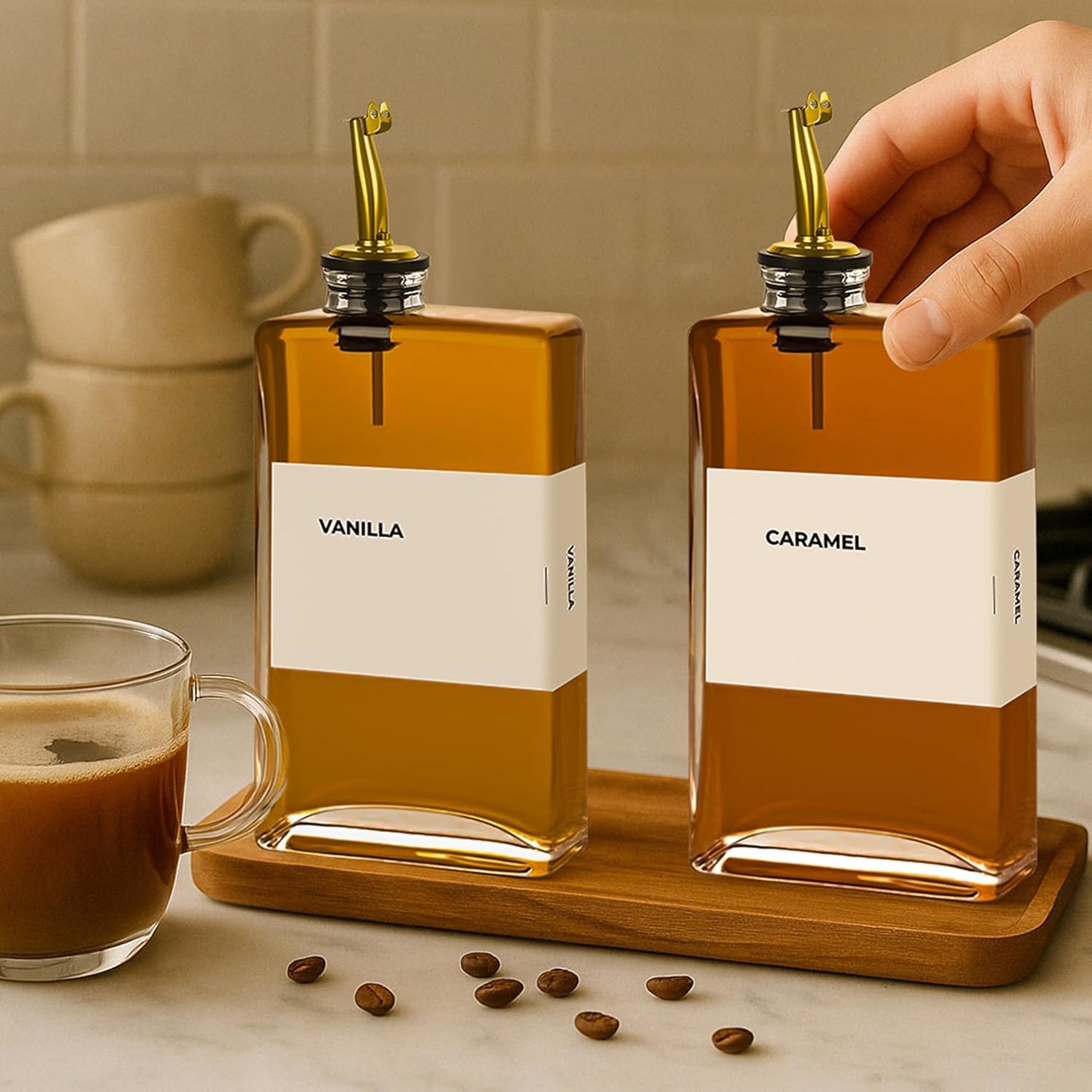 Olive Oil Dispenser Bottle - Includes 44 Kitchen Essential Labels - Cooking Oil Bottles for Kitchen, Coffee Syrup Dispenser - Pourer Spout with 11.8 fl oz Glass Container Cruet - 2pcs, Gold