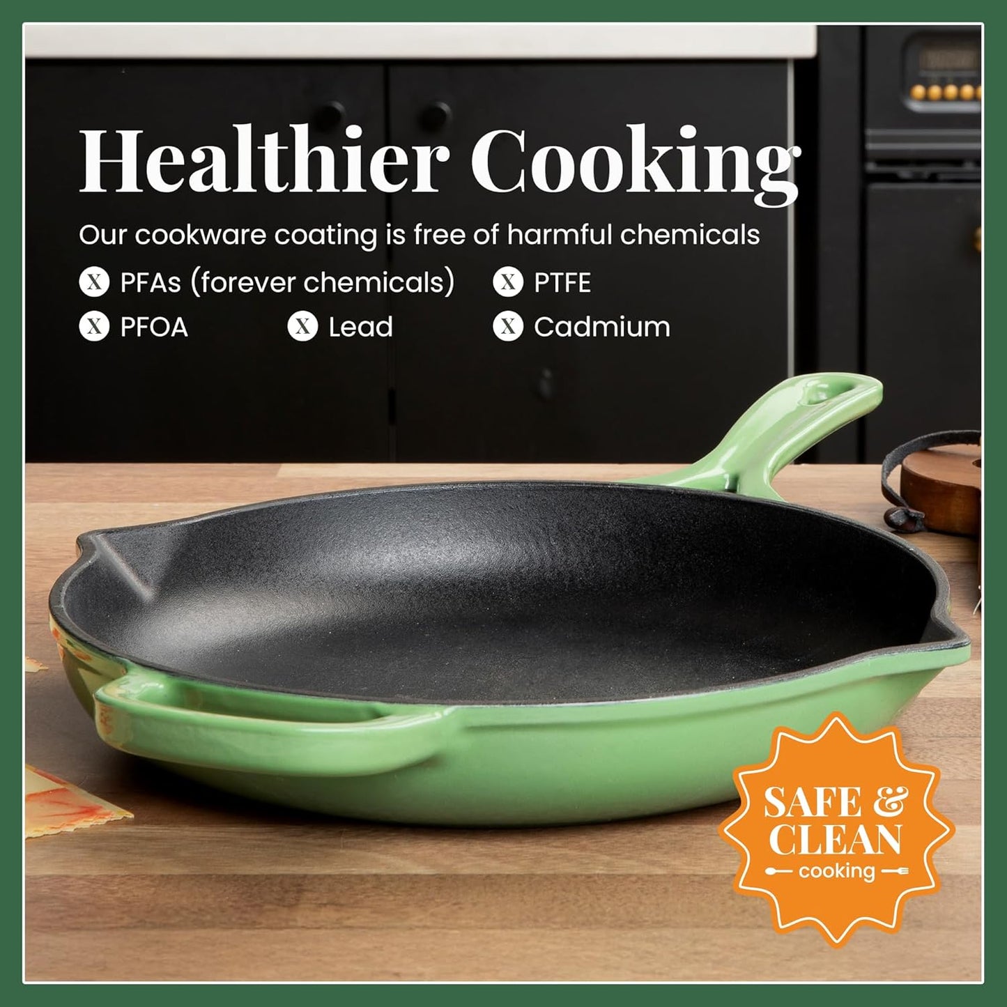 Larder & Vine Enameled Cast Iron Skillet | 10.25 inch Cast Iron Pan | Saute Pan with Pour Spouts | Enamel Coated Cast Iron Skillet | Compatible on All Cooktops & Oven Safe to 500° F | Okra