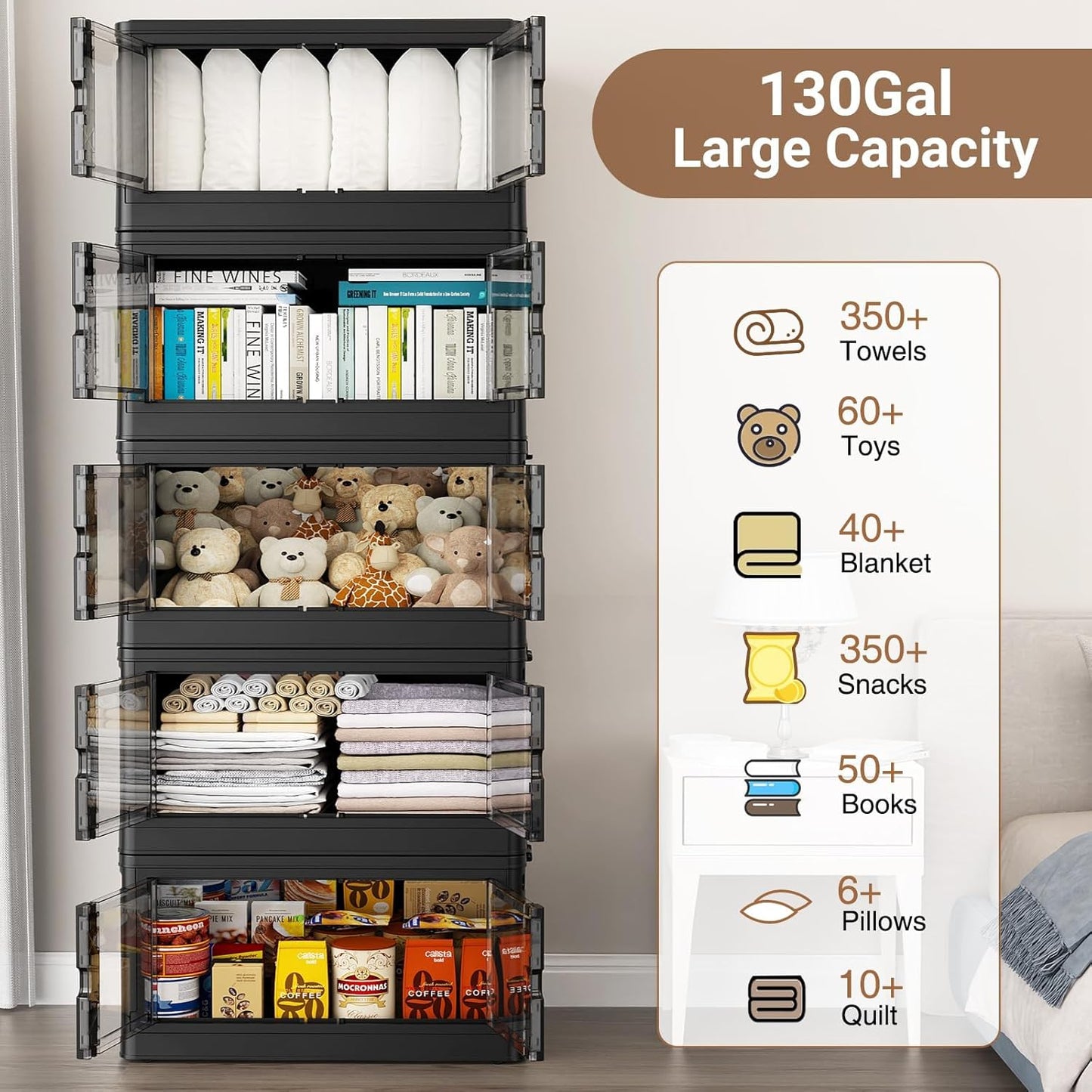 575Qt Stackable Storage Bins with Individual Lids & Wheels, Large Plastic Collapsible Latching Boxes Closet Organizers and Storage Cabinet Shelves Units for Home Kitchen Dorm, 5-Pack Black