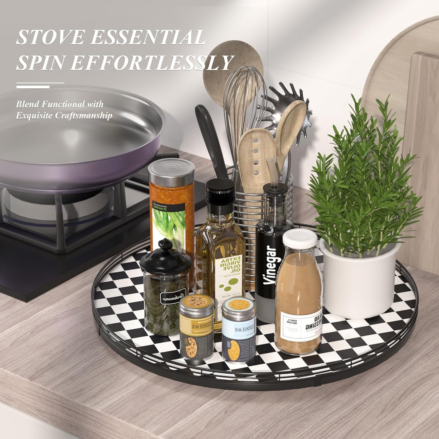 21" Black and White Kitchen Lazy Susan Turntable, Round Checkered Decorative Tray, Large Lazy Susan for Dining Table Centerpiece, Pantry, Kitchen, Bathroom, Countertop, Cupboard, Home Decor