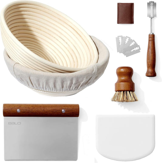 Premium Bread Proofing Set with Acacia Wood - Sourdough Bread Baking Supplies, 2 Rattan Banneton Baskets, 2 Basket Covers, Brush, Metal Scrapper, Plastic Scrapper, Scoring Lame, 5 Blades & Case