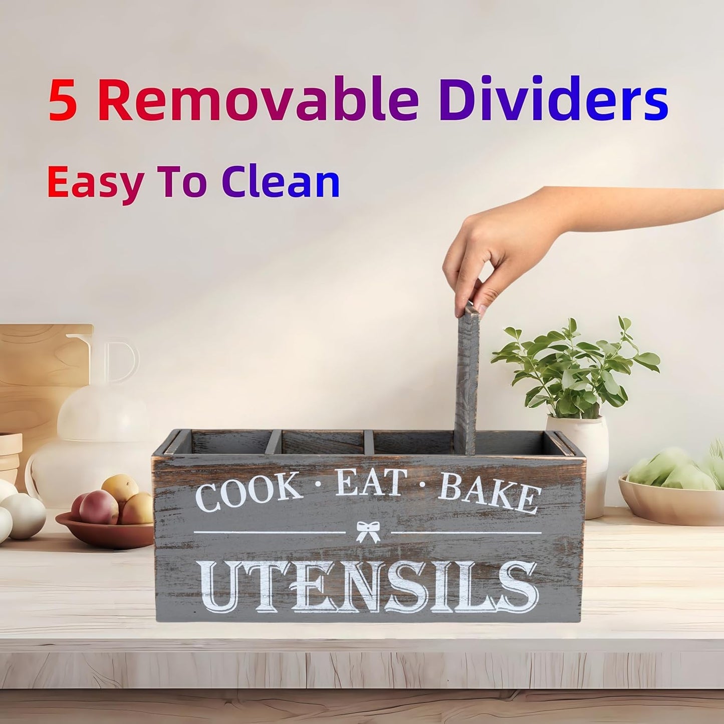 Utensil Holder,Extra Large Wooden Utensil Holder For Kitchen Counter,Cooking Spatula Organizer,Big Storage Caddy With 4 Compartments Flatware Spoon Tool Cutlery（Grey）