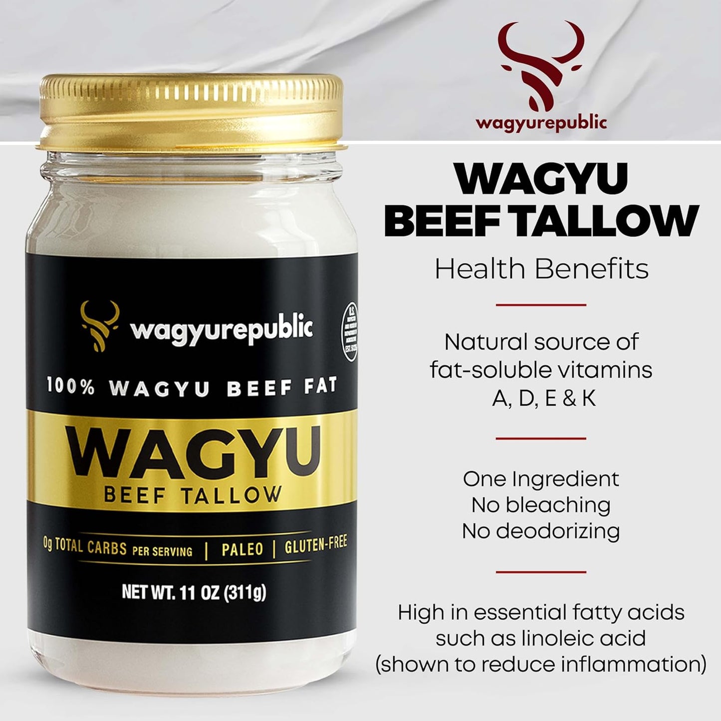 Wagyu Republic Beef Tallow ⎸ Grass Fed Wagyu Beef Tallow, Great for Cooking Steak or as Tallow Balm ⎸ Keto, Gluten Free Protein Snacks for Adults, Perfect for Whole 30 or Carnivore Diet ⎸32oz Jar