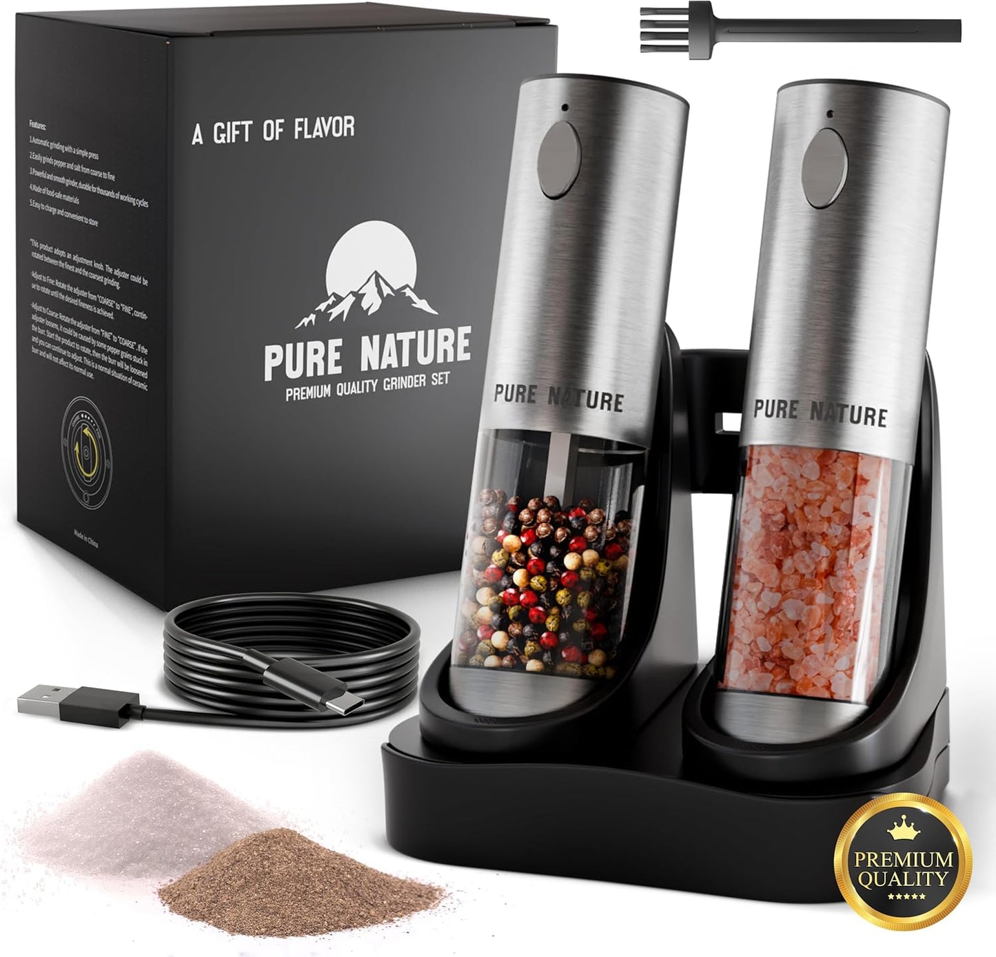 Pure Nature Salt and Pepper Grinder Set with rechargeable base. Premium Stainless Steel up-graded larger capacity with LED Lights, 5 Adjustable Coarseness, Refillable, Type-C Fast Charging.