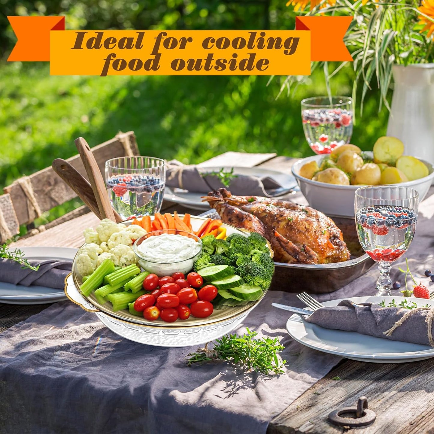 Baderke 3 Set 11.8" Chilled Serving Tray for Parties with Compartments Ice Chilled Party Platter Charcuterie Serving Board Cold Dish Dip for Fruit Seafood Vegetable Shrimp Cocktail (Gold)