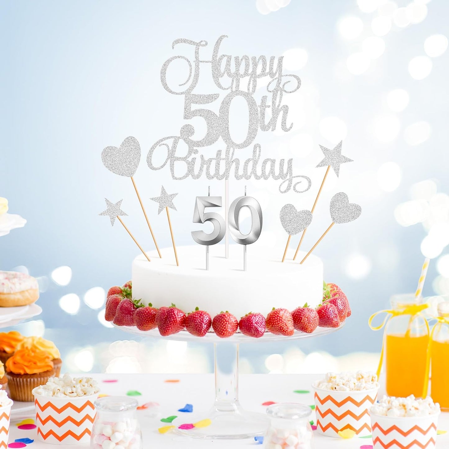50th Birthday Cake Decorations, 50th Birthday Candles Cake Numeral Candles and Glitter Happy 50th Birthday Cake Toppers Set for Birthday Party Supplies (Silver)