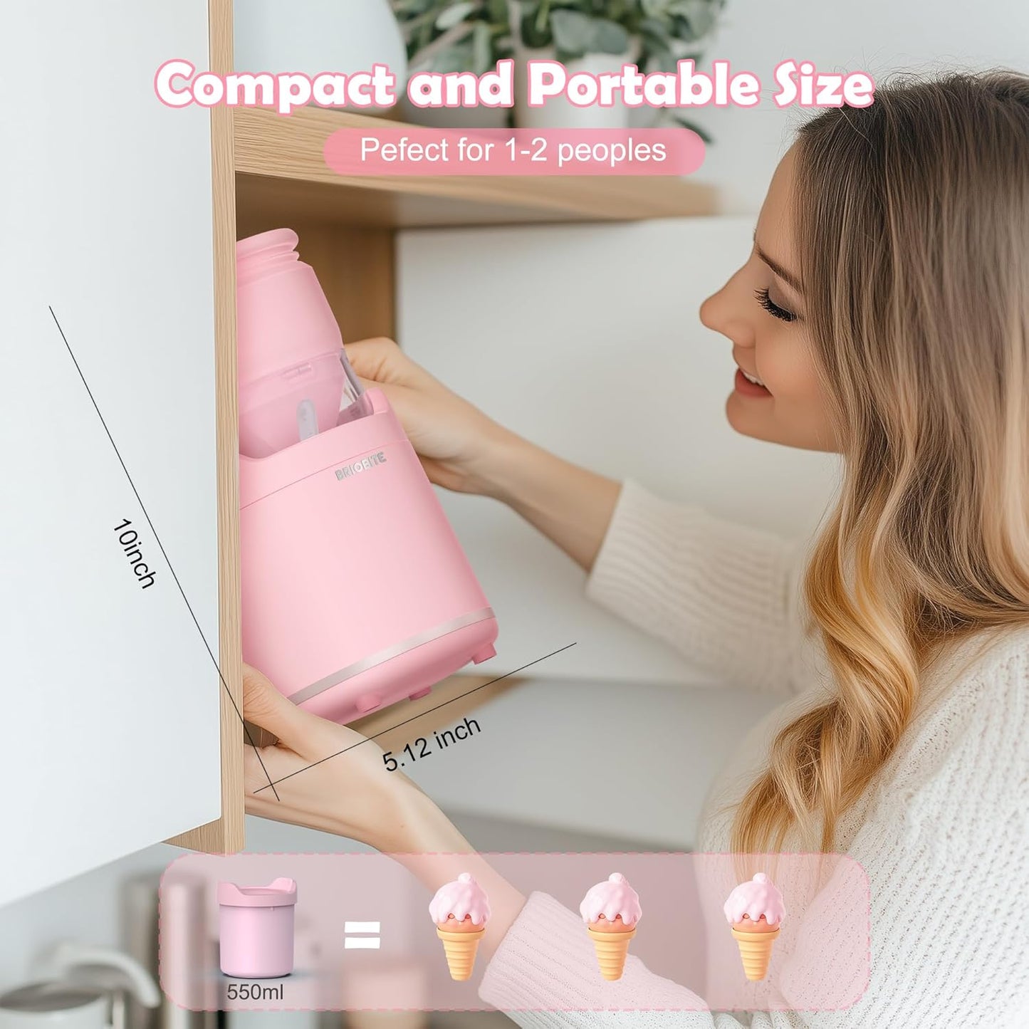 Soft Serve Ice Cream Maker Machine – Rechargeable Compact for Homemade Gelato,Sorbet & Frozen Yogurt, Stylish Pink Design,Perfect for 1-2 Servings,Best Gift for Couples & Families