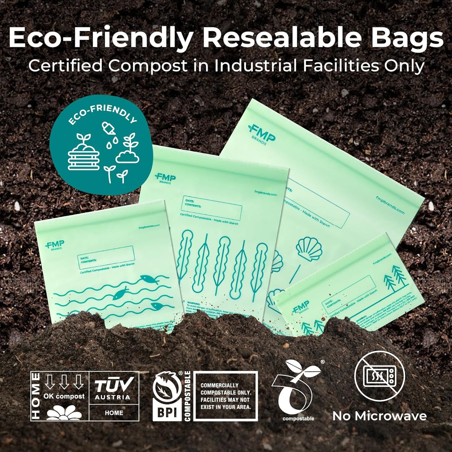 Fit Meal Prep 50 Pack 100% Compostable Snack Bags, 6.5 x 4.1" Resealable Food Storage Bags Snack Size, Plant-Based Freezer Bags for Food, ASTM D6400, US BPI & EU OK Compost Certified