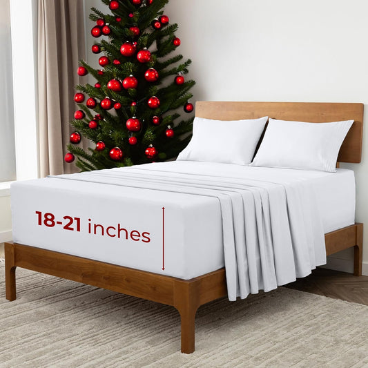 Mellanni Extra Deep California King Sheets - 4 PC Iconic Collection Bedding - Hotel Luxury, Ultra Soft, Cooling Bed Sheets - Wrinkle, Fade, Stain Resistant (Cal King, White)