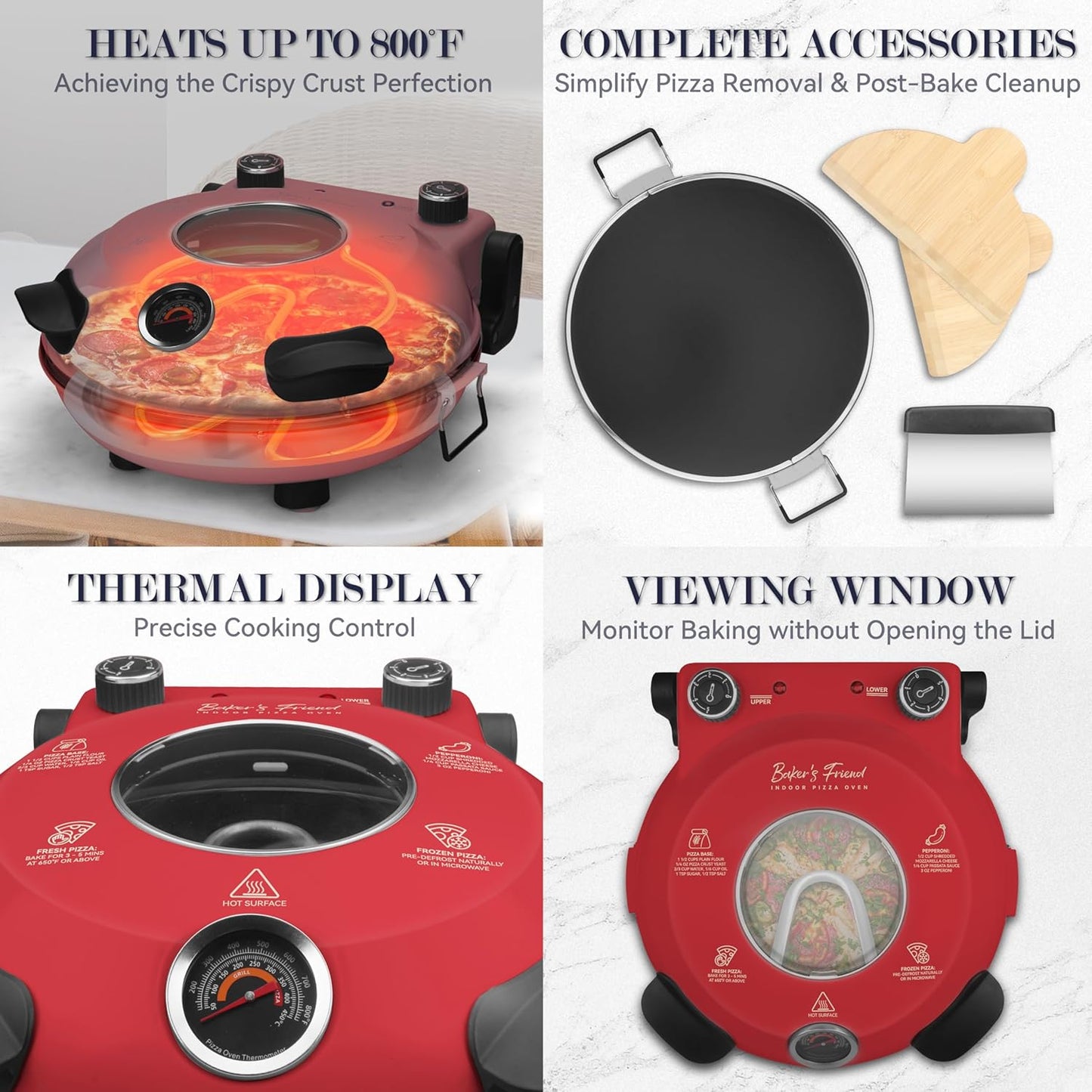 Baker’s Friend Electric Pizza Oven Indoor Countertop, 12 Inch Pizza Maker Machine for Home, Pizza Cooker & Pizza Grill, Premium Glazed Ceramic Stone Pizza Oven, Chilli Red