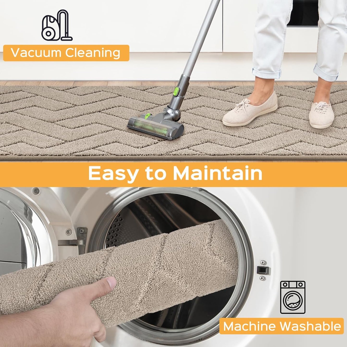 Machine Washable Kitchen Rugs Set (24" x 36"+24" x 60"), Non-Slip Kitchen Runner Rugs Mats for Floor, Absorbent Comfort Standing Mats for Kitchen, Sink and Hallway, Rolled Packaging, Taupe