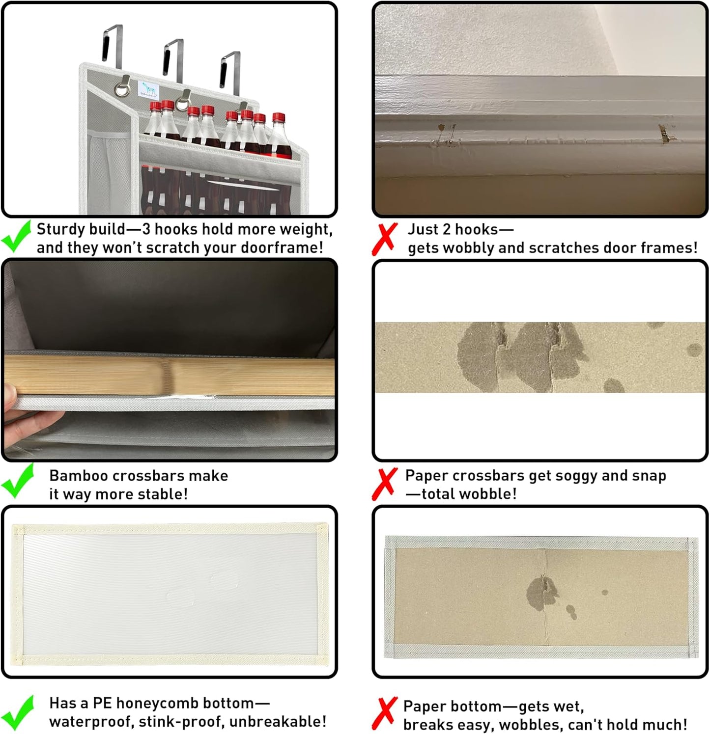 over the door organizer, Solid Bamboo Board (Not Plastic!) 6-Tier Heavy Duty 75LB, 12 Side Pockets, 3 Reinforced Hooks & Anti-Slip Pads, Waterproof & Washable, No Sagging, No Door Damage,Grey