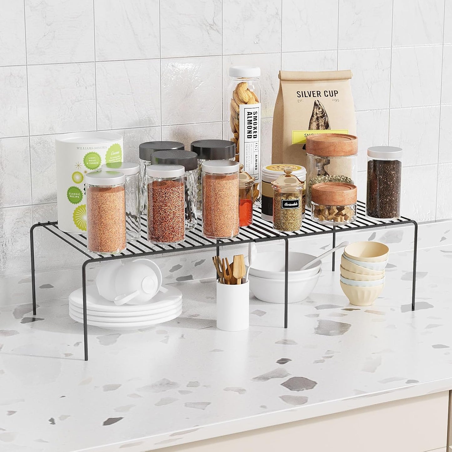 Expandable Storage Shelf, Pantry Organizers and Storage, Adjustable Rustproof Metal Wire Spice Rack, Space Saver Kitchen Storage Shelves for Pan, Pot, Countertop, Drawer, Fridge, Set of 4, Black