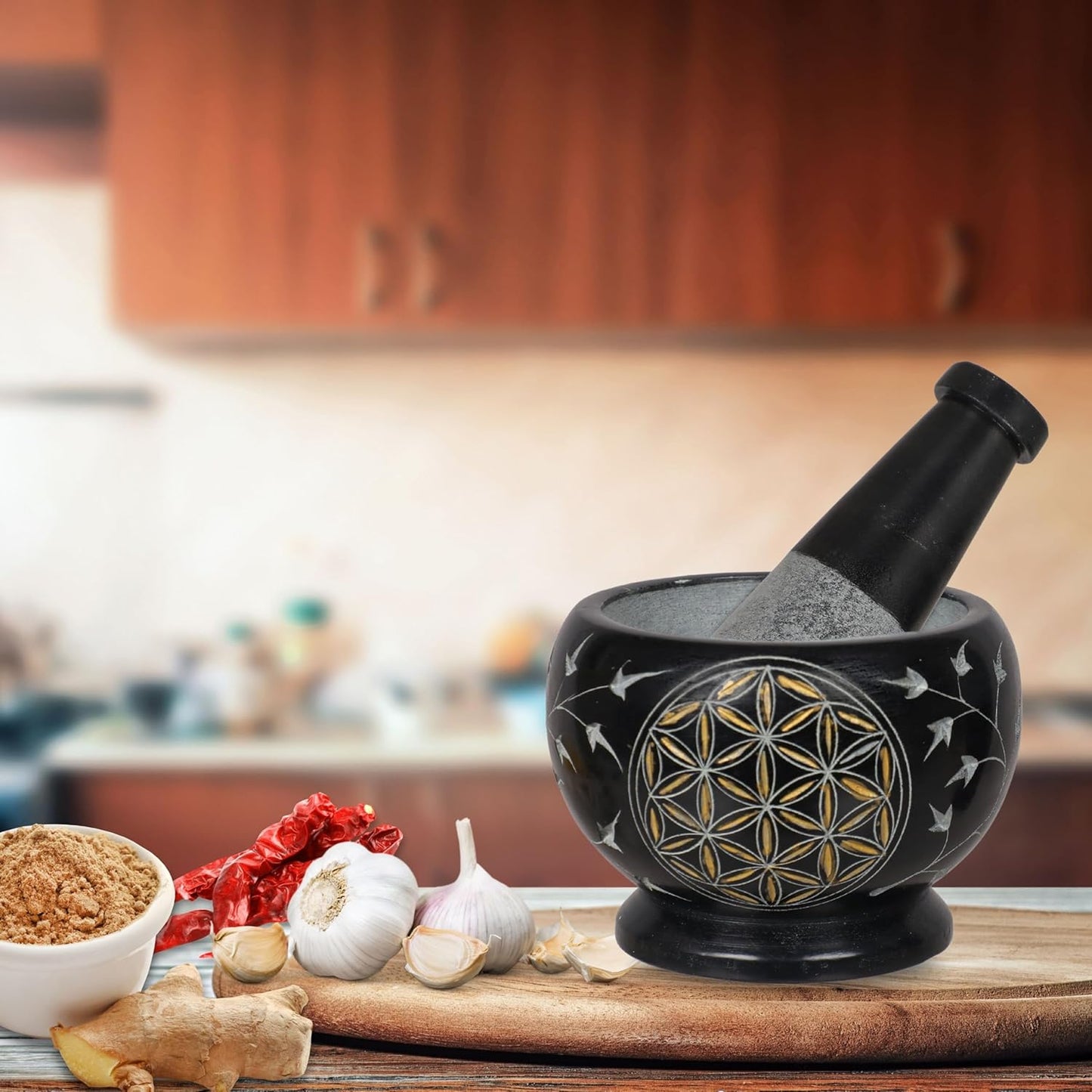 Mortar and Pestle, Made of Heavy Duty Polished Hard Stone, Natural Stone Grinder for Spices, Pastes, Herbs, Seasoning etc. (Flower of Life)