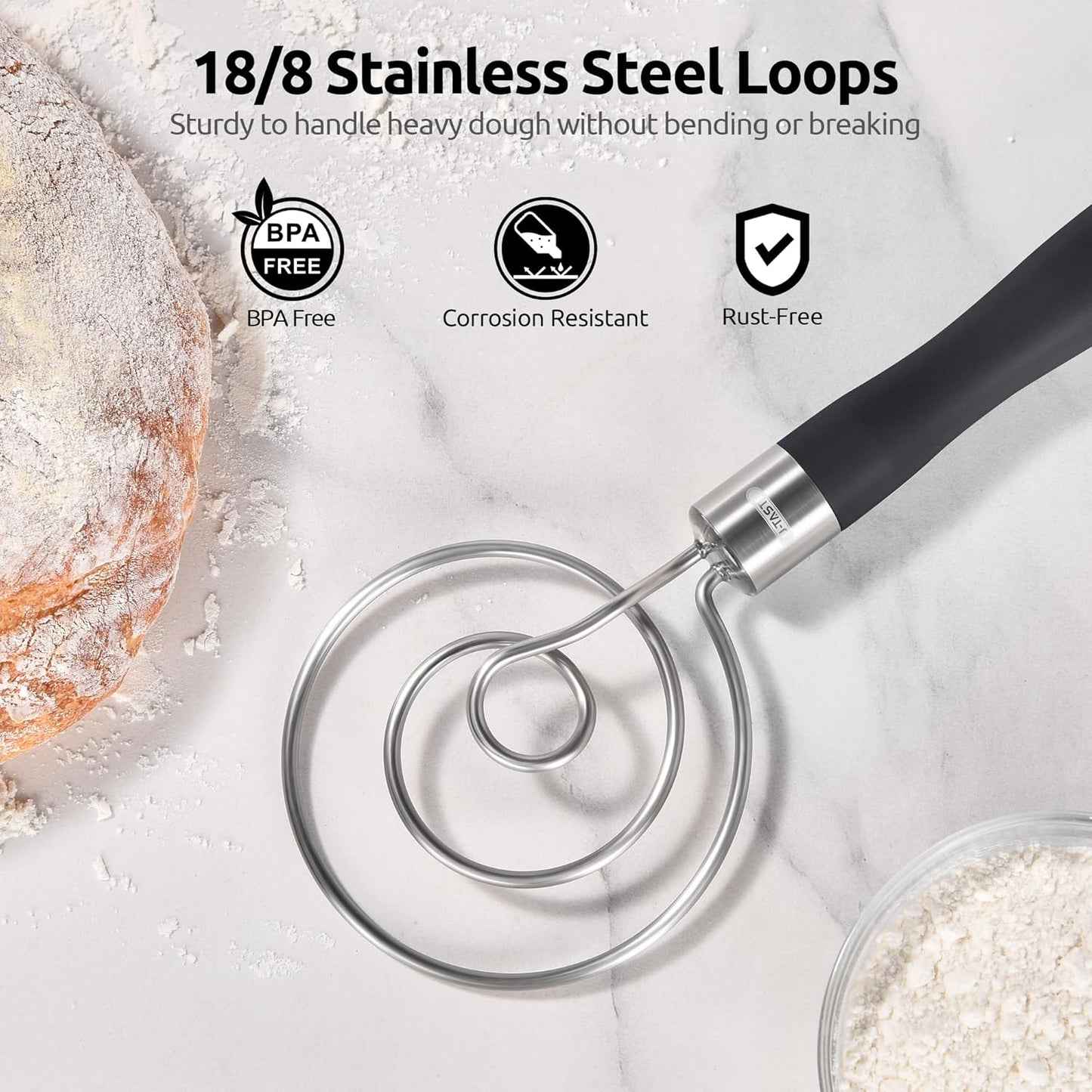 U-Taste 12.6" Danish Dough Whisk: 18/8 Stainless Steel Heavy-Duty Sourdough Mixer Tool, Food Grade Dutch Style Seamless Bread Wisk, Sturdy for Mixing, Stirring, Pressing, Kneading Thick Batter (Black)