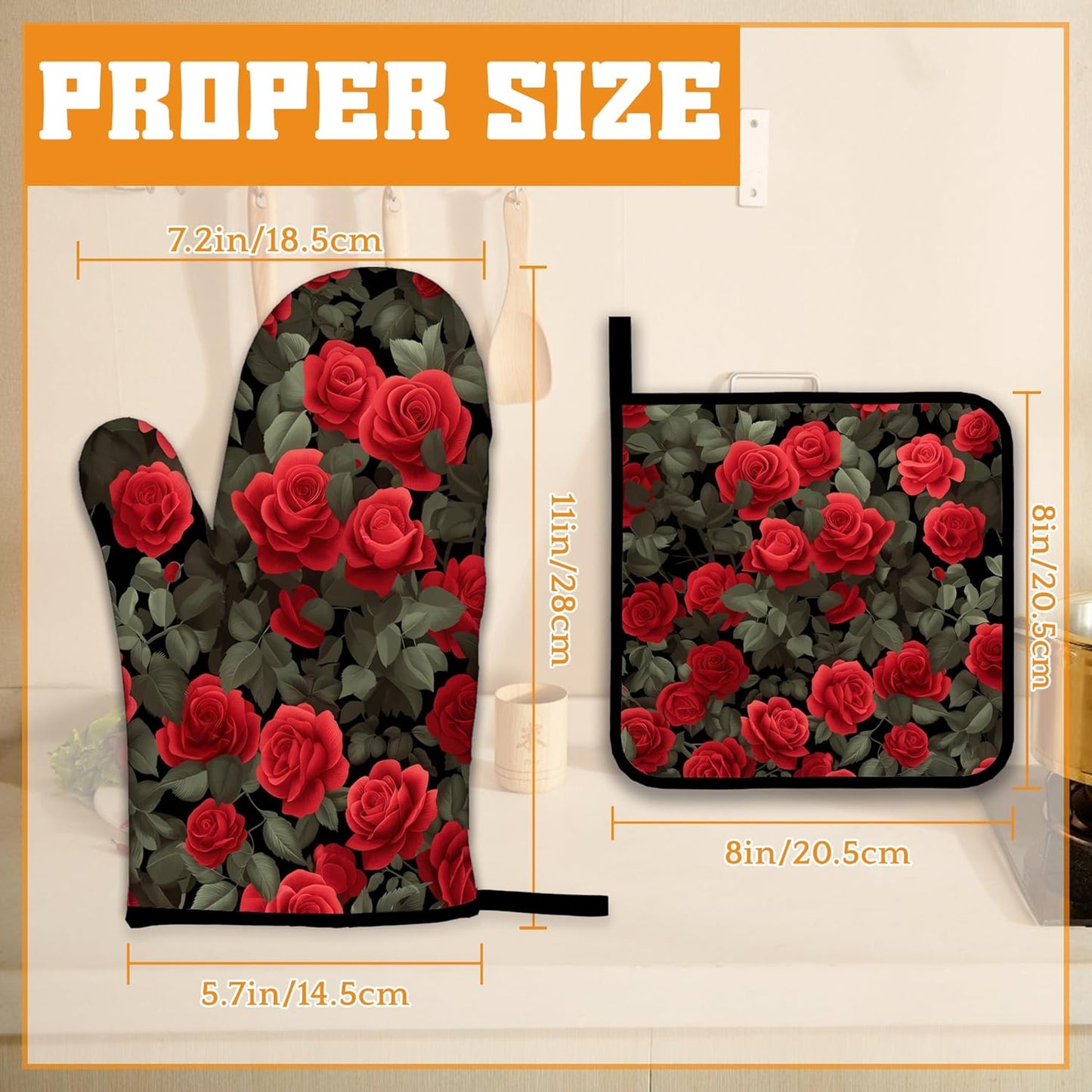 Red Rose Oven Mitts and Pot Holders Set,Kitchen Oven Gloves and Pot Holder with Heat Resistant Non Slip for Cooking Baking Grilling(4 Piece Set)
