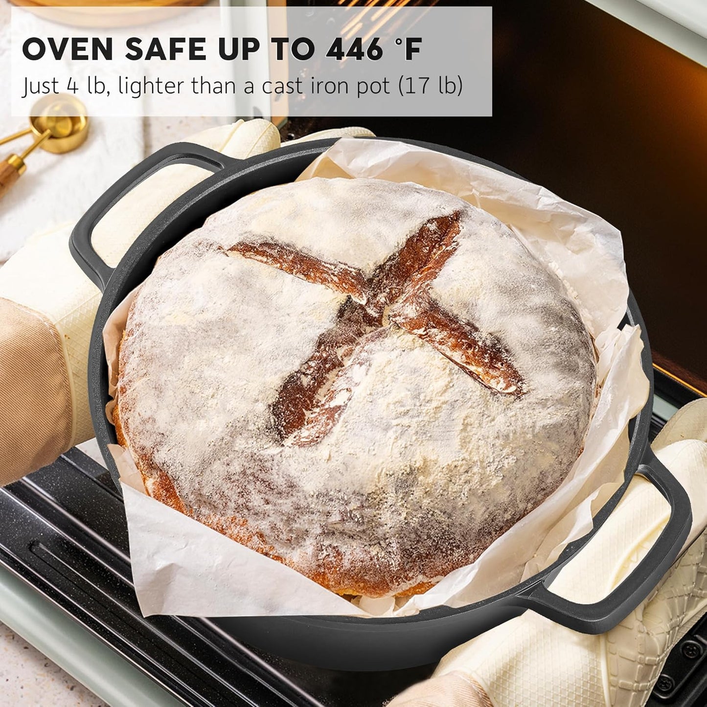 Nonstick Dutch Oven Pot with Lid-5 QT Cast Aluminum Oven Pot with Two Handles Lightweight for Bread Baking Braising and Roasting(Black)