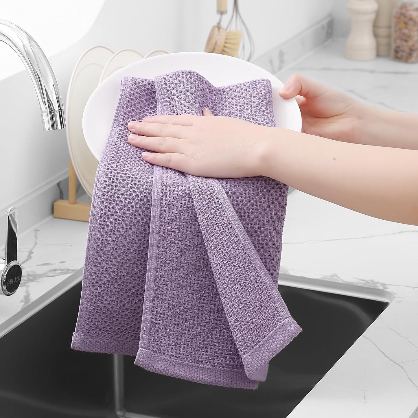 Homaxy 100% Cotton Waffle Weave Kitchen Dish Towels, Ultra Soft Absorbent Quick Drying Cleaning Towel, 13 x 28 Inches, 4-Pack, Lavender