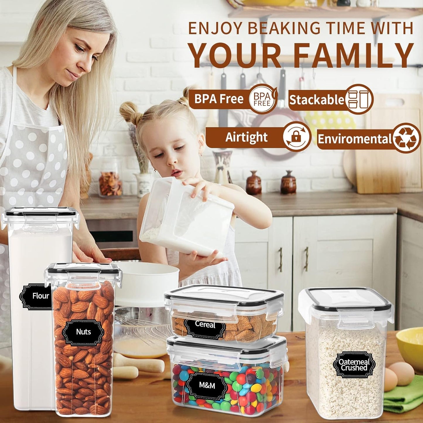 PRAKI Airtight Food Storage Containers with Lids, 12PCS Plastic Kitchen Storage Containers for Pantry Organizers and Storage - Cereal, Rice, Flour and Sugar Containers with Labels & Marker