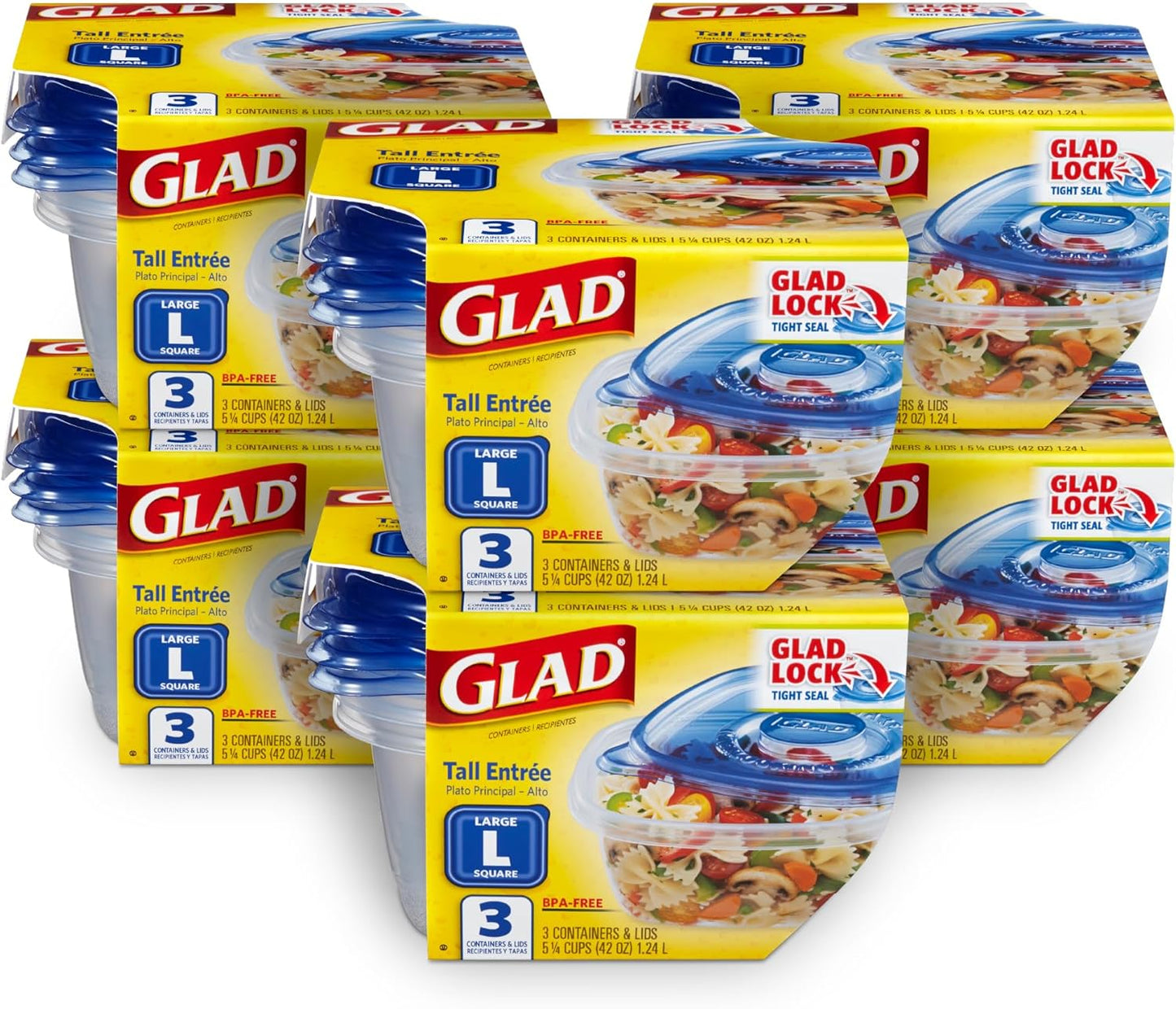 Glad GladWare Tall Entree Food Storage Containers - Large Square - Meal Container Holds up to 42 Ounces of Food - Lock Tight Seal, 3 Count - 6 Pack