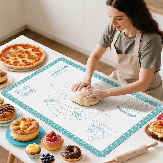 Non Stick Pastry Mat with 10 Quick Recipes, Silicone Dough Mat for Rolling, Silicone Mat for Baking Macaron, Cookie, Bread, Pizza,Surdough, Fondant Mat for Kitchen, Extra Large and Oven Safe