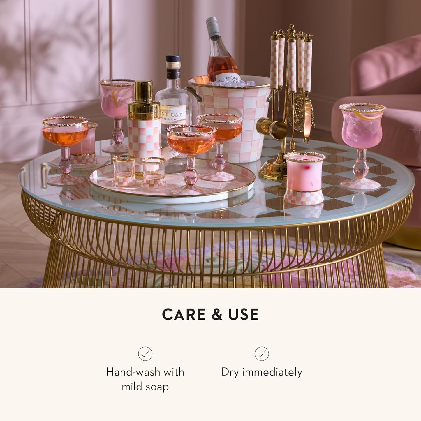 MACKENZIE-CHILDS Enamel Round Tray, Unique Serving Platter for Food and Drinks, Pink-and-White Rosy Check