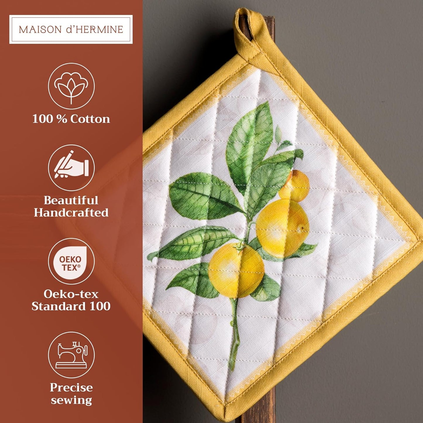 Maison d' Hermine Pot Holders Set 100% Cotton Heat Resistant Potholders 8" x 8" Hot Pads with Loop BBQ, Cooking, Baking, Grilling, Kitchen, Handling Hot Pans Spring/Summer (Pack of 2, Limoncello)