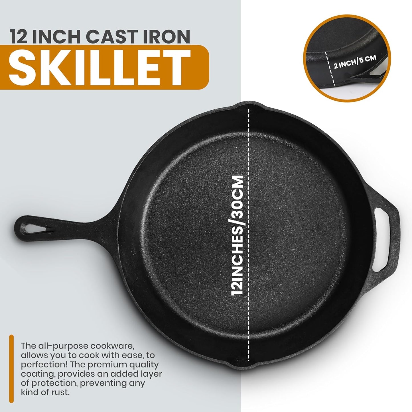Utopia Kitchen Saute Frying Pan 12 Inch, Cast Iron Chefs Pan, Pre Seasoned Cast iron Skillet With Lid, Safe Grill Cookware for Indoor & Outdoor Use, Black