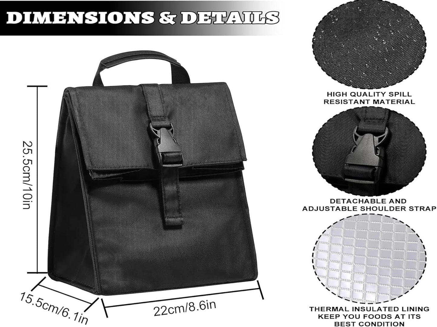 Insulated Foldable Lunch Bag- Lightweight Portable with Adjustable Shoulder Strap Lunch Box for Men, Women, Office, Work, Picnic, Hiking and Beach (Black(Soft Fabric))