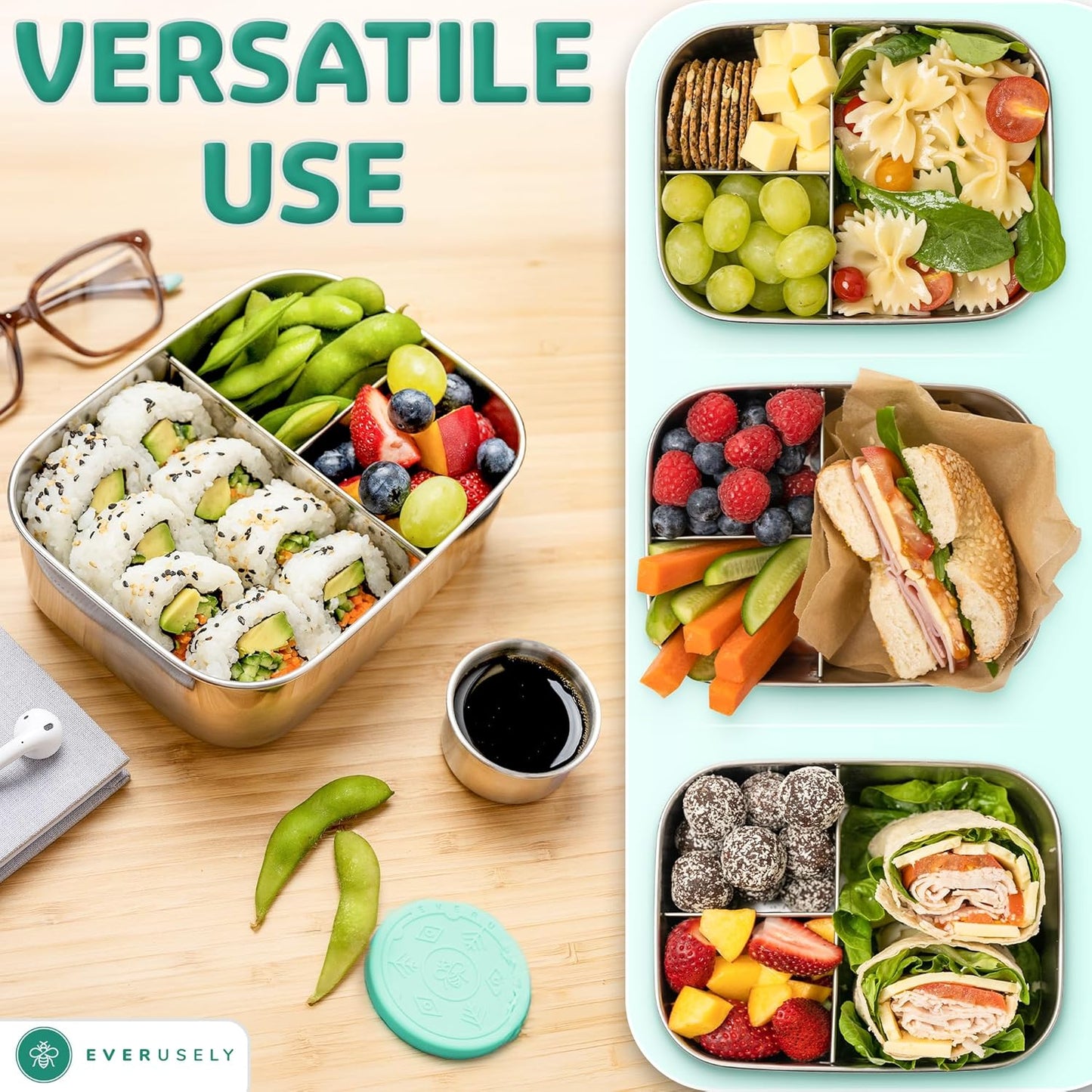 Everusely - Bento Box - Green, 27oz / 0.8 L - Stainless Steel Lunch Box with Leakproof Condiment Container - 3 Compartment Snack Organizer for On the Go Meals - Freezer & Dishwasher Safe