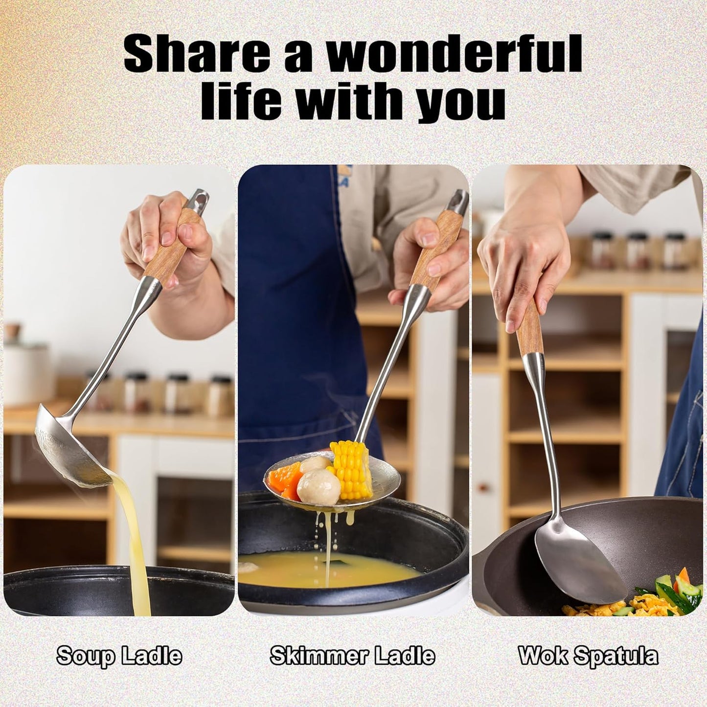 FJNATINH Skimmer Ladle, 15.4inches spatula for wok, 304 Stainless Steel wok spatula,Wooden Handle