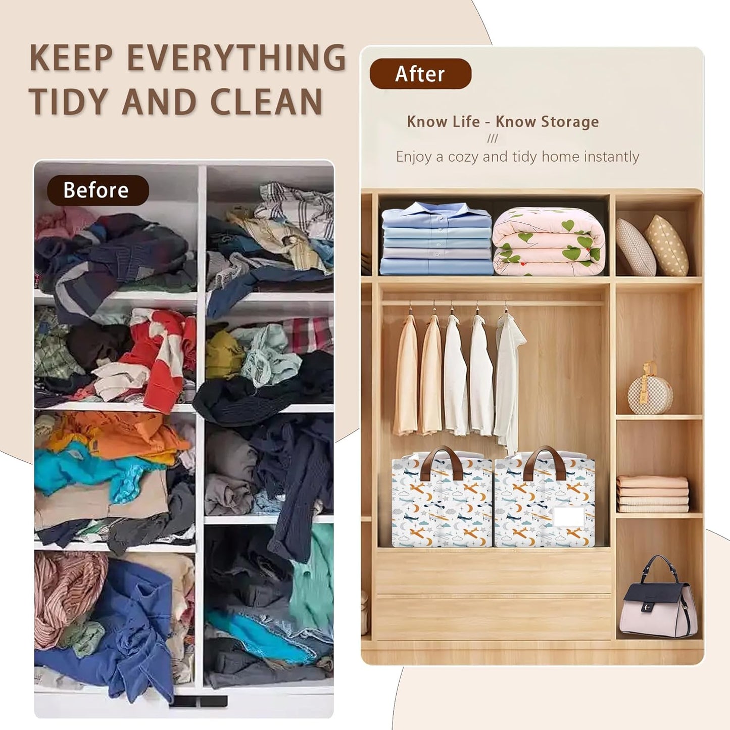 Aviation Themed Storage Basket Large 17x11.5x10.5 Inche-Collapsible Fabric Organizer Bin with Handles for Boys Room, Travel Decor, Toys-Decorative Hamper with Colorful Airplane Silhouettes-Single Pack