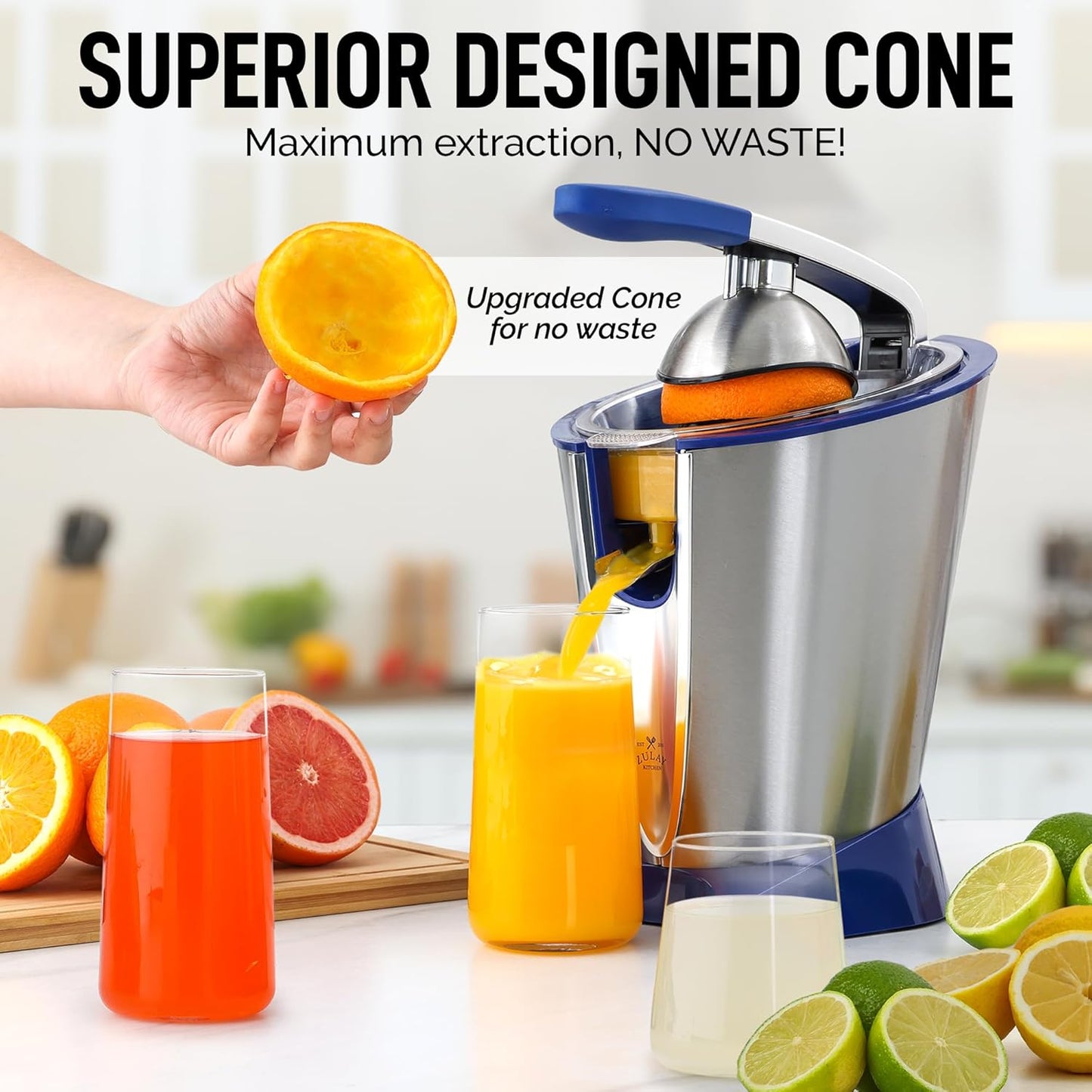 Zulay Electric Citrus Juicer - Makes Fresh Orange, Lemon, Grapefuit, Lime Juice - Stainless Steel, 160W Powerful & Quiet, Interchangeable Cones -Filters Out Seeds & Pulp - Dishwasher Safe Parts - Blue
