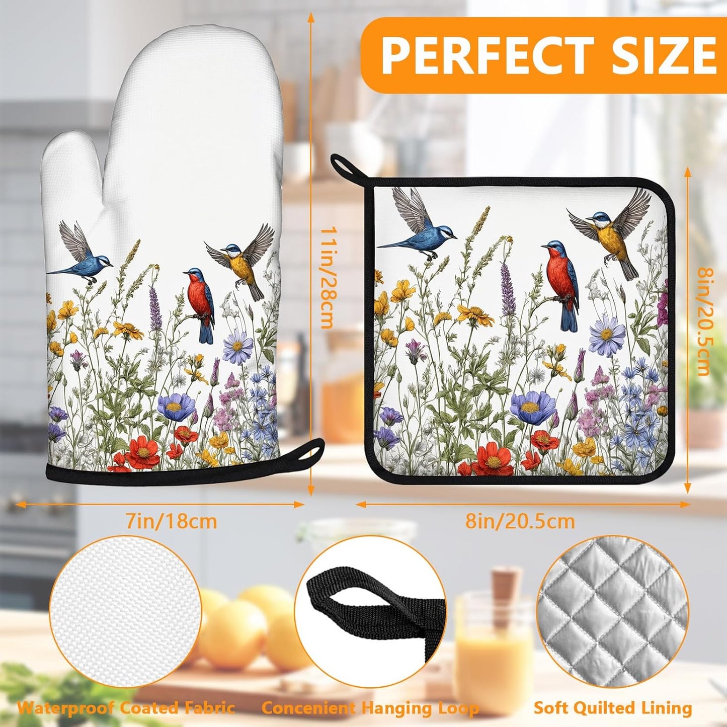Wildflowers Birds Oven Mitts and Pot Holders Sets 4Pcs,Extra Long Oven Gloves Potholder for Kitchen Cooking Baking BBQ 100% Cotton Heat Resistant