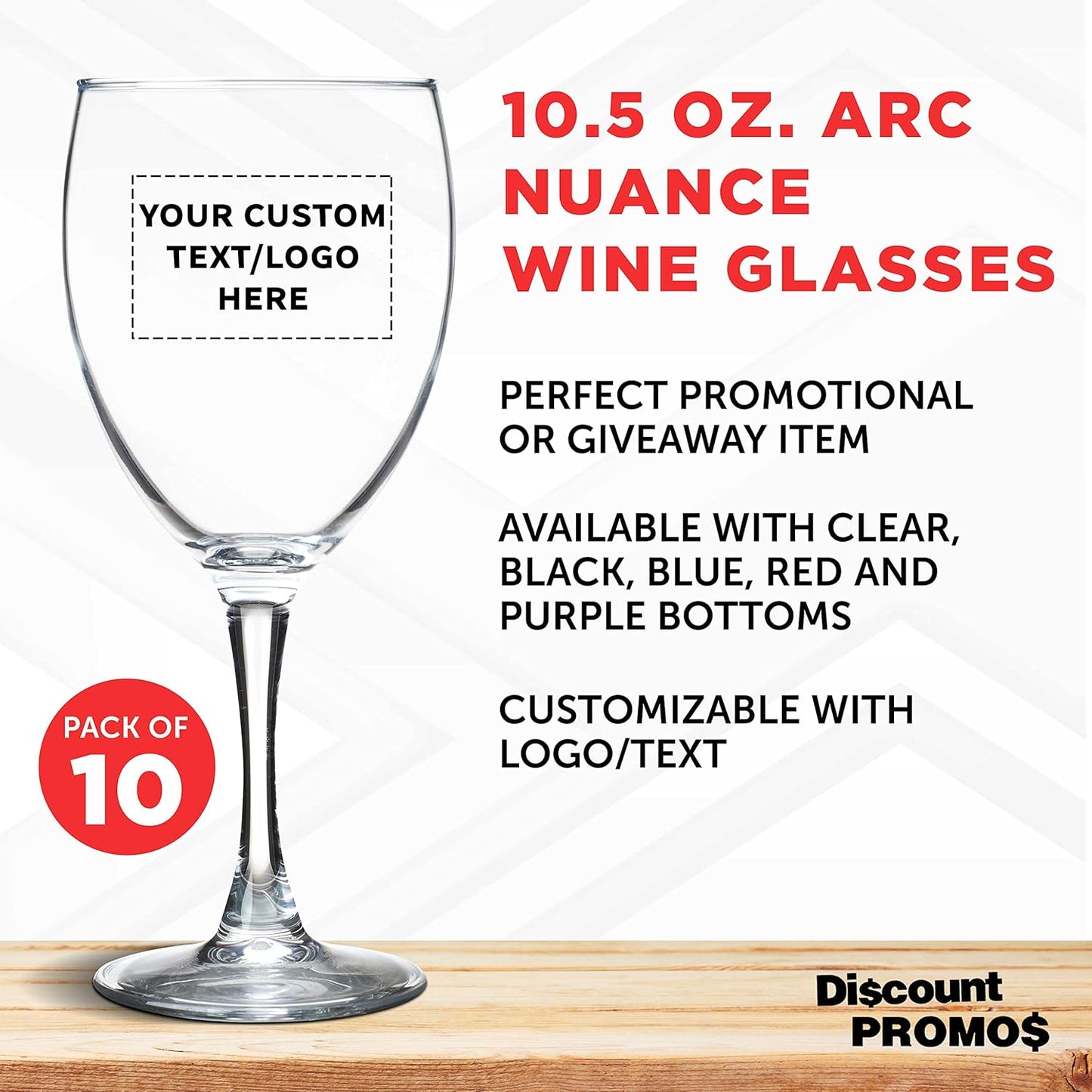 Custom Nuance Wine Glasses by ARC 10.5 oz. Set of 10, Personalized Bulk Pack - Restaurant Glassware, Perfect for Red Wine, White Wine, Cocktails - Clear