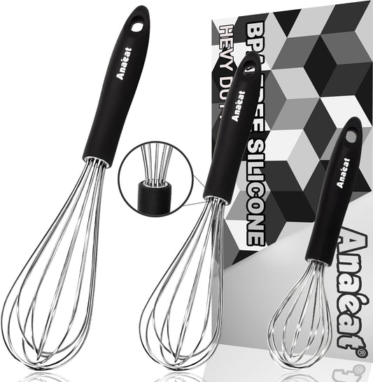 3 Packs Stainless Steel Whisk Set - Balloon Whisk, Anaeat Thick Stainless Steel Wire ＆ Strong Handles, Egg Beater for Cooking, Blending, Whisking, Beating and Stirring (8.5"+10.5"+12")