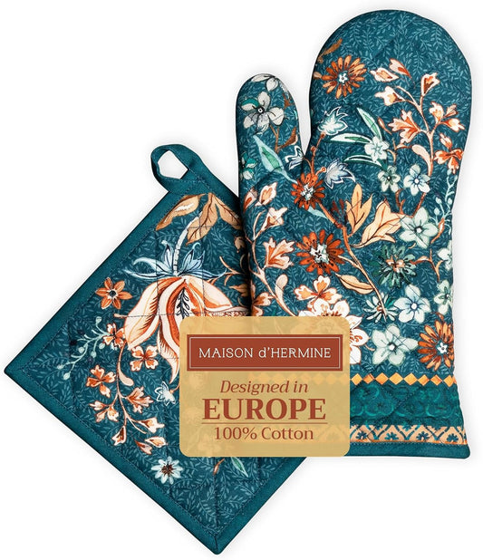 Maison d' Hermine 100% Cotton Oven Mitt & Pot Holder Set (7.5"x13" & 8"x8") Heat Resistant BBQ Cooking Gloves with Loop, Baking, Grilling, Kitchen, Handling Hot Pans (Luxury Loft-Dark Teal)