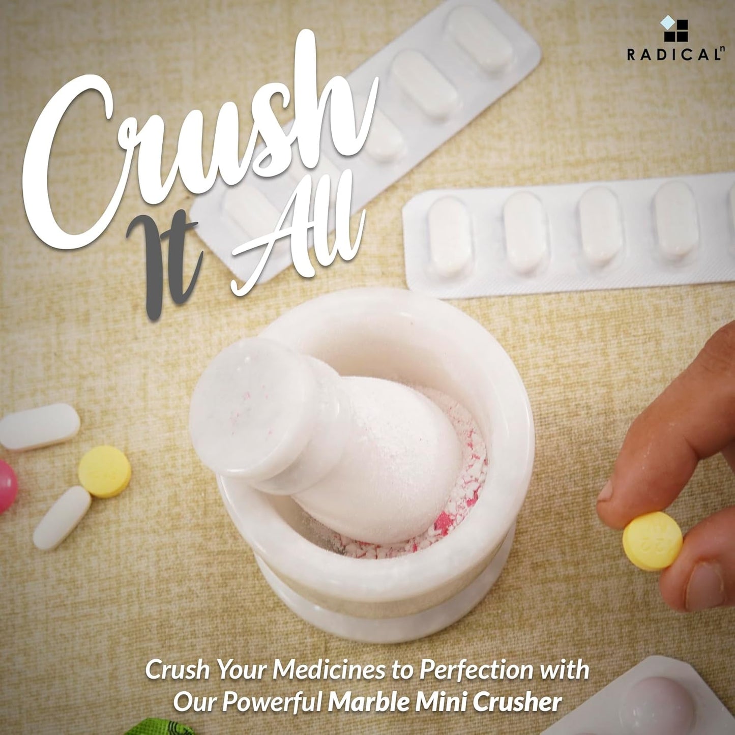 Radicaln Marble Mortar and Pestle Set White 2.5" Inches Handmade Hand Grinder for Kitchen Ideal Small Mortar & Pestle Set Spice Grinder & Garlic Crusher