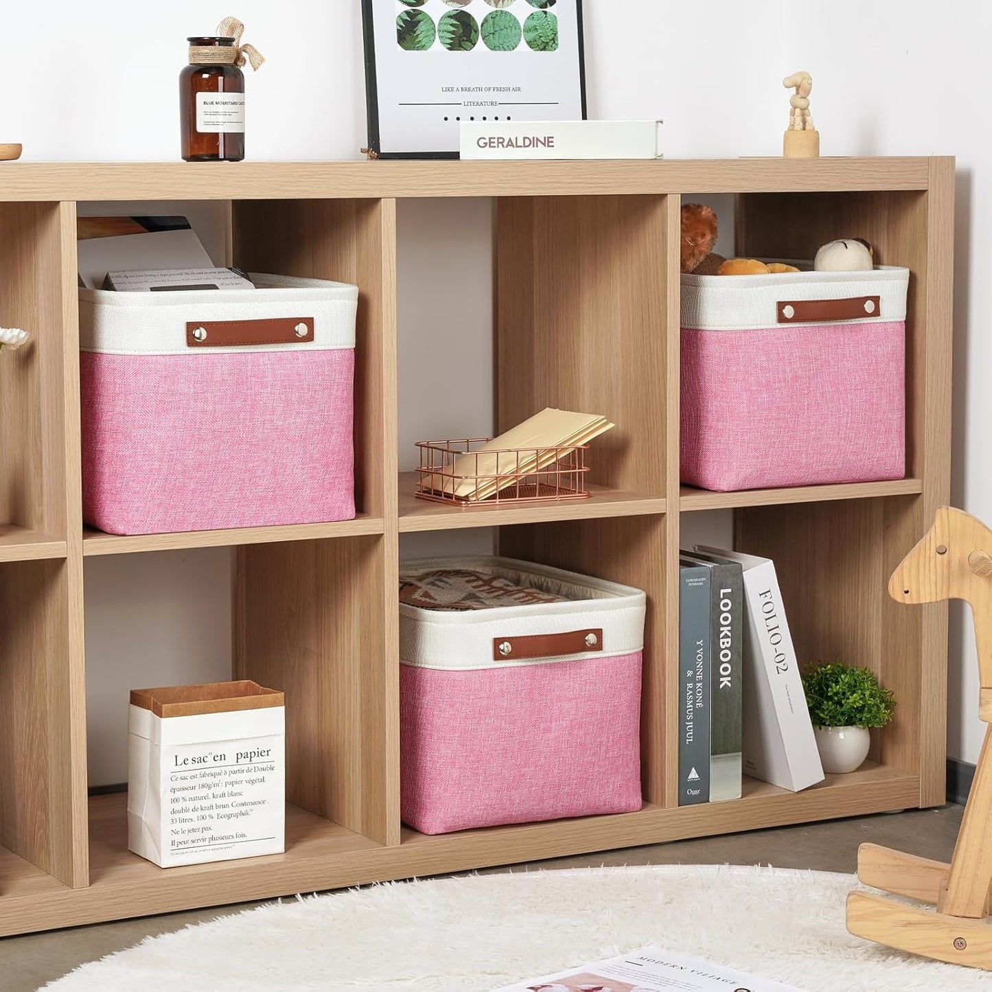 DULLEMELO Storage Baskets for Organizing, Shelves,Bedroom, Decorative Storage Bins with Faux Leather Handles, Fabric Storage Basket for Office, Toys(3-Pack, White&Pink)