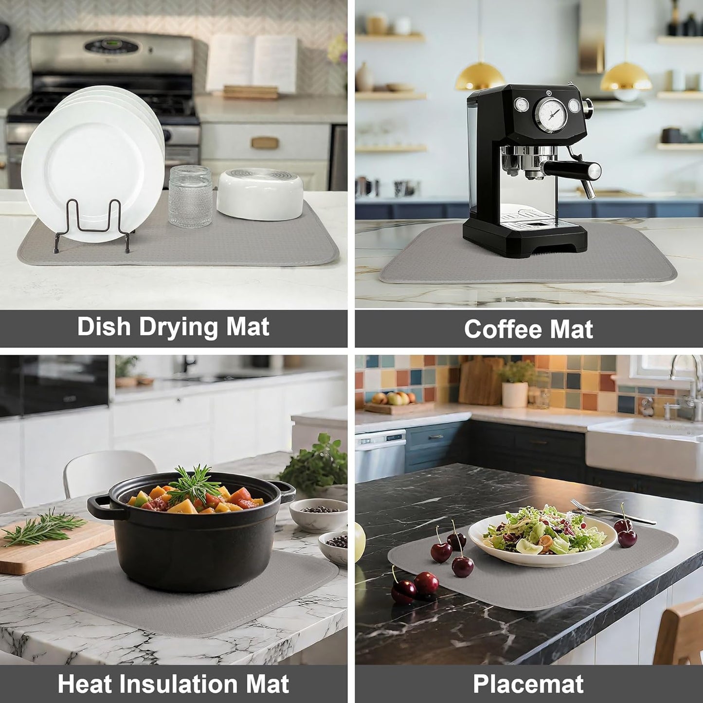 Dish Dryer Mat, Dish Drying Mats For Kitchen Counter, Large Dish Drying Pad for Kitchen Counter, Microfiber Dish Drying Mat for Sinks, Drainer Mats, 20 x 15 inches (Gray)