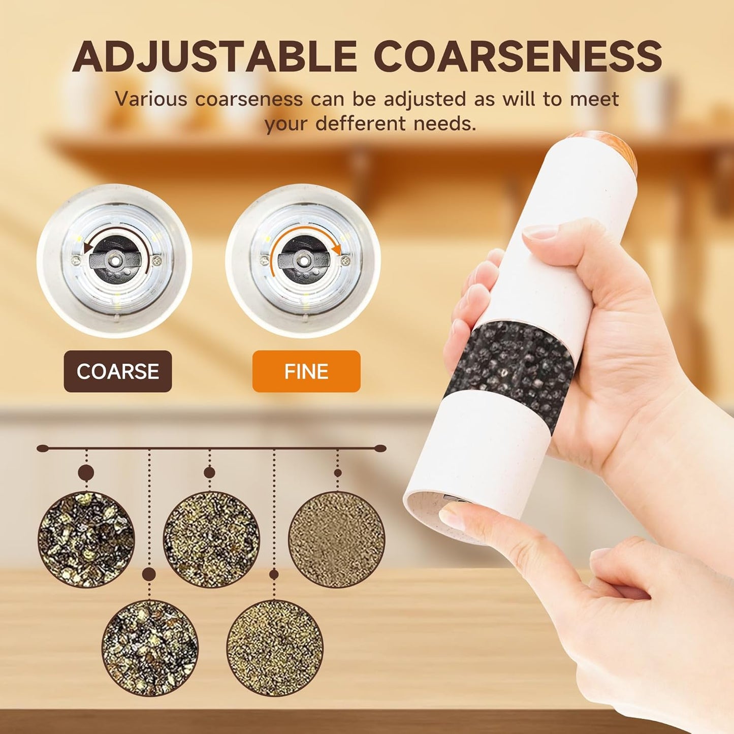 MEHIDFY Electric Salt and Pepper Grinder Set, 2 Pack Salt and Pepper Grinder Battery Operated, One-Handed Automatic Salt and Pepper Mill Grinder with LED Light, Adjustable Coarseness (White)