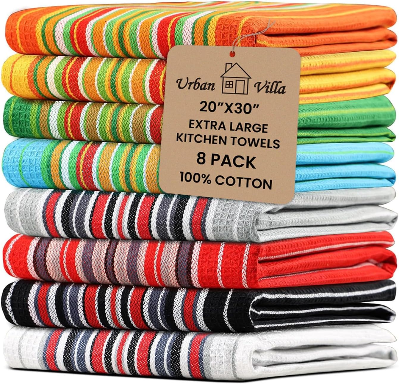 Urban Villa Kitchen Towels, Premium Quality, Cotton Dish Towels,Mitered Corners,Ultra Soft (Size: 20X30 in),Multi Color Waffle Stripes, Highly Absorbent Bar Towels & Tea Towels - (Set of 8)