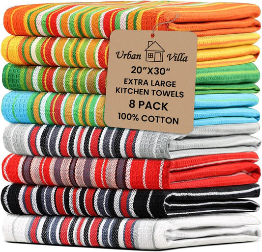 Urban Villa Kitchen Towels, Premium Quality, Cotton Dish Towels,Mitered Corners,Ultra Soft (Size: 20X30 in),Multi Color Waffle Stripes, Highly Absorbent Bar Towels & Tea Towels - (Set of 8)