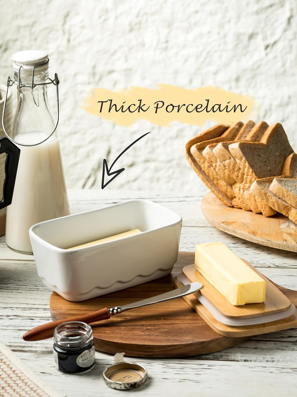 Covered Butter Dish for Countertop, Ceramic Butter Dish with Wooden Lid Airtight Butter Holder Container, Vintage HoneyBee Kitchen Decor, White