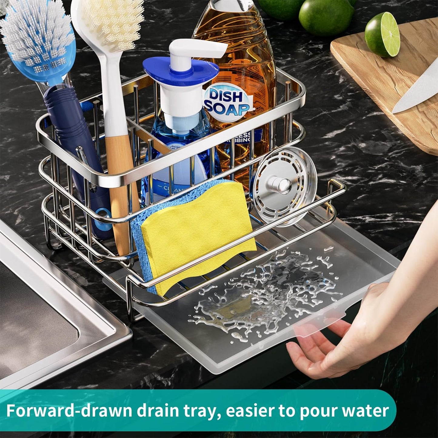 HapiRm Kitchen Sink Organizer, SUS304 Stainless Steel Rustproof Multifunctional Large Sink Caddy with Sponge Holder and Drain Tray for Kitchen Countertop (Silver)