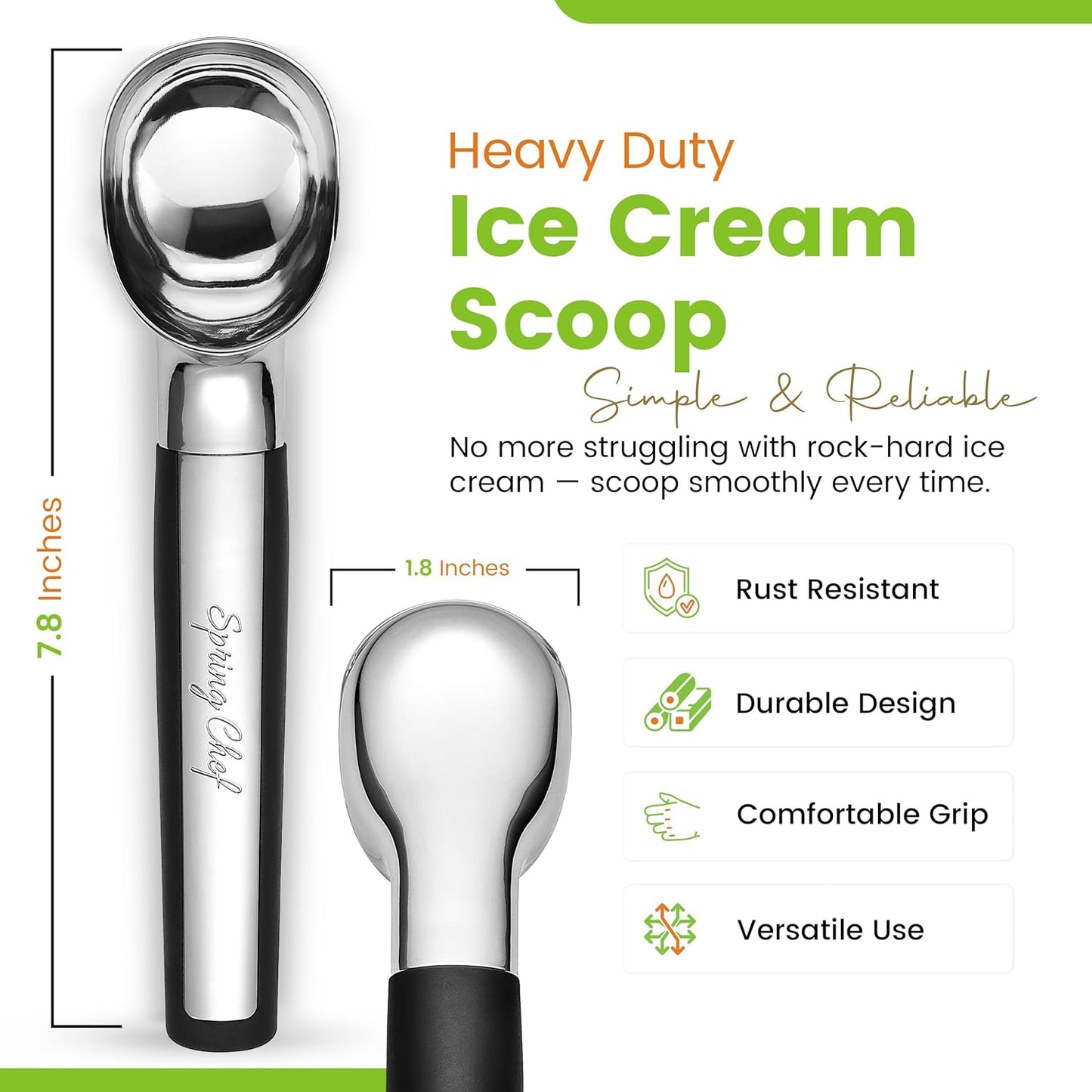 Spring Chef Heavy Duty Metal Ice Cream Scoop - Dishwasher Safe Ice Cream Scooper, Commercial Icecream Scoop Spade, Professional Kitchen Tool for Gelato, Melon, Sundae, Cookie Spoon - Black